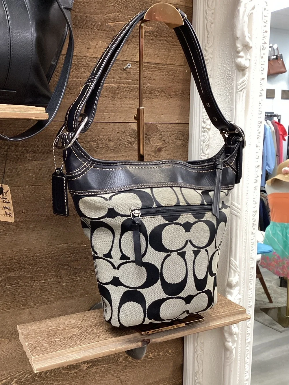 Coach Signature Black Ivory Jacquard Canvas Bucket Hobo Shoulder Bag F13358